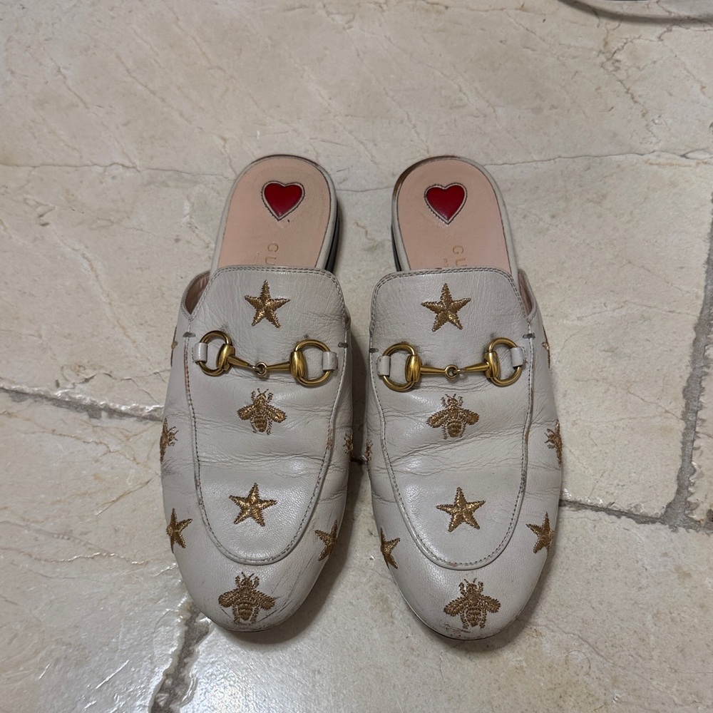 Gucci princetown White and Gold Embellished Mules